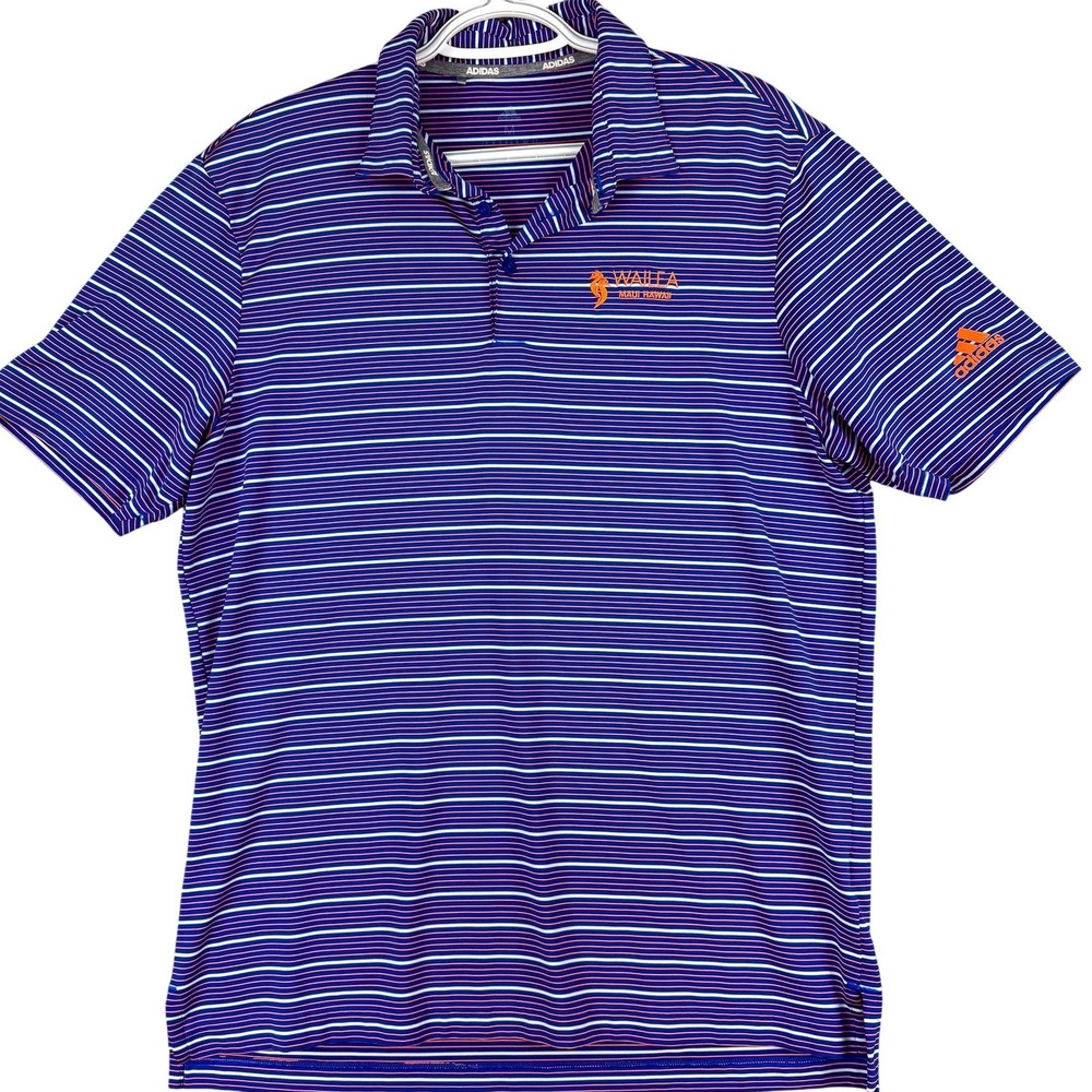 Adidas Polo Shirt Mens Medium Blue Orange Stripe Wailea Maui Hawaii‎ Resort Golf